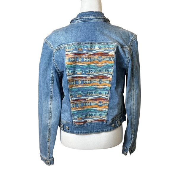 Lularoe Jean Jacket Small Aztec Back Southwestern Casual Tribal Denim Navajo - Picture 1 of 9